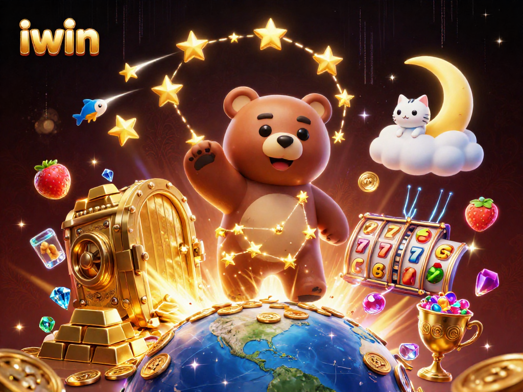 Engage with iwin's magical imagery featuring a constellation bear scooping coins, surrounded by dazzling casino elements.