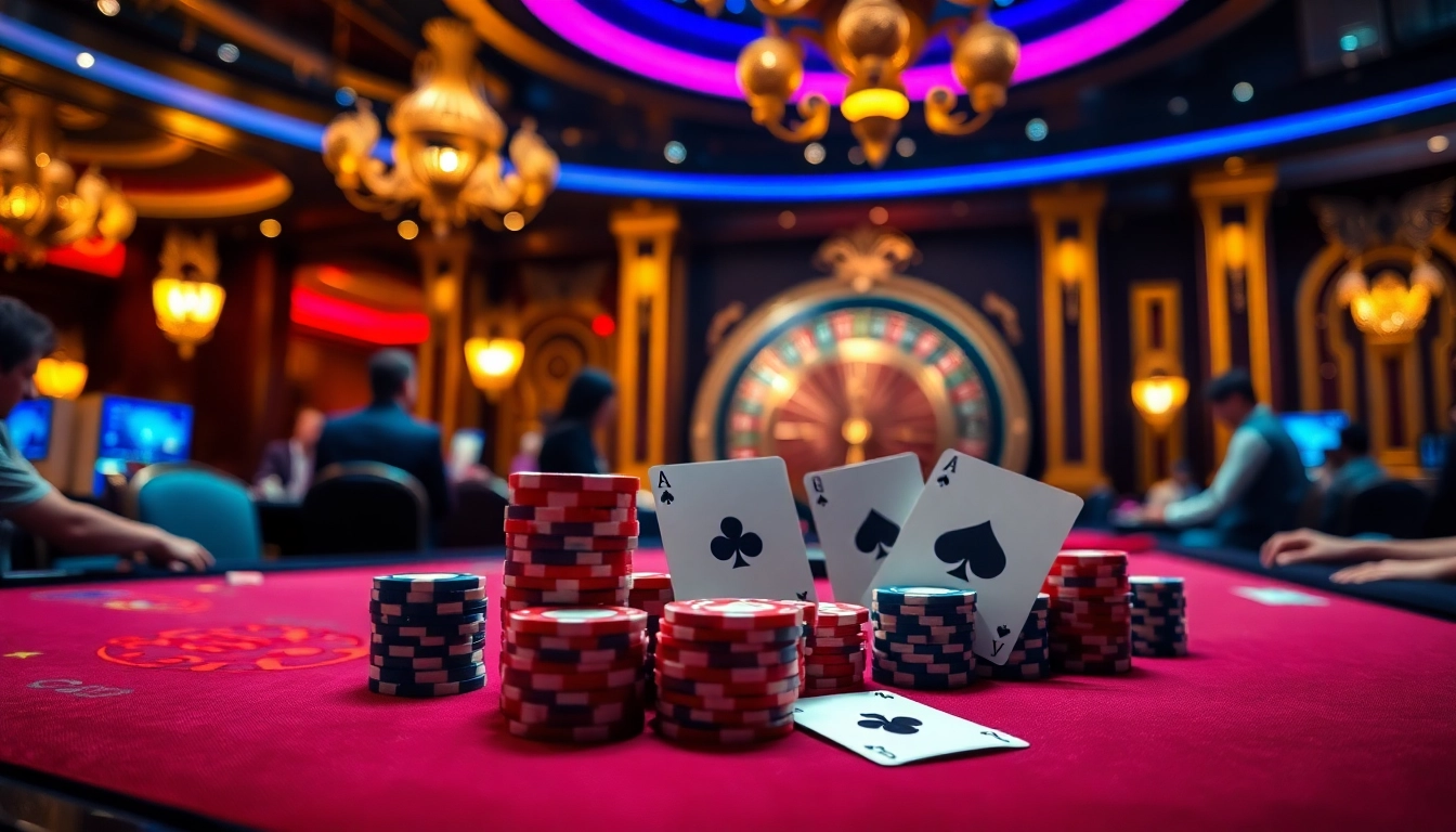 Experience high-stakes poker at say88's luxurious casino tables, featuring vibrant chips and cards.