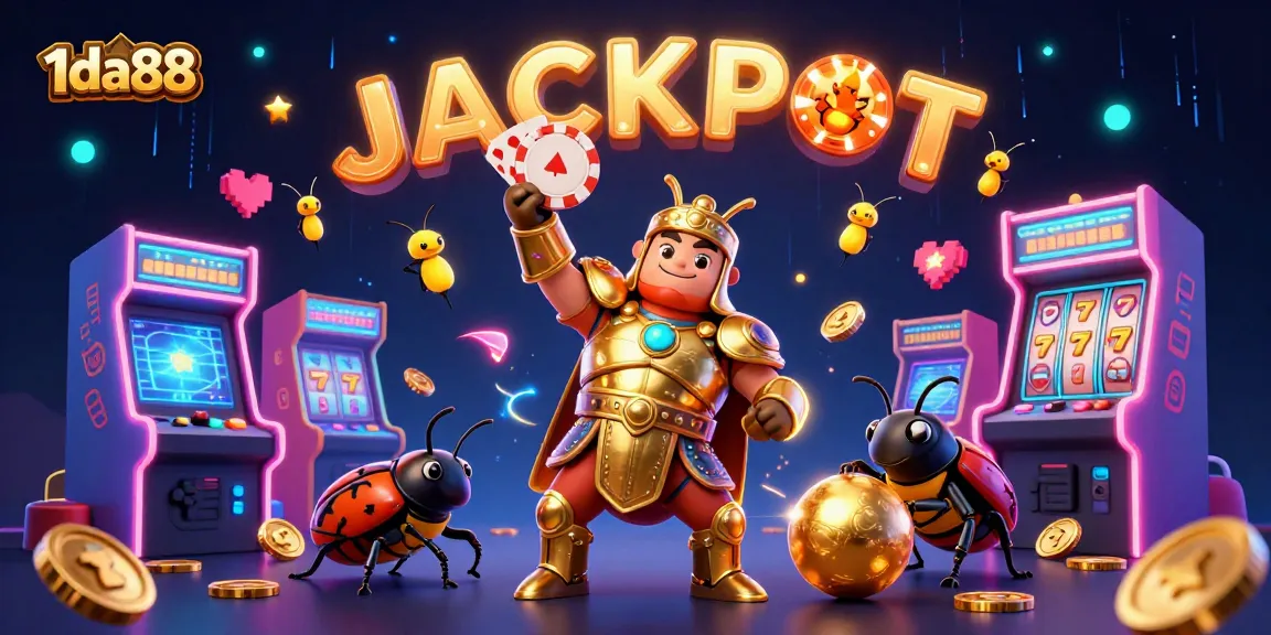 Engage with 1da88's vibrant casino world featuring a victorious hercules beetle and golden gaming elements.