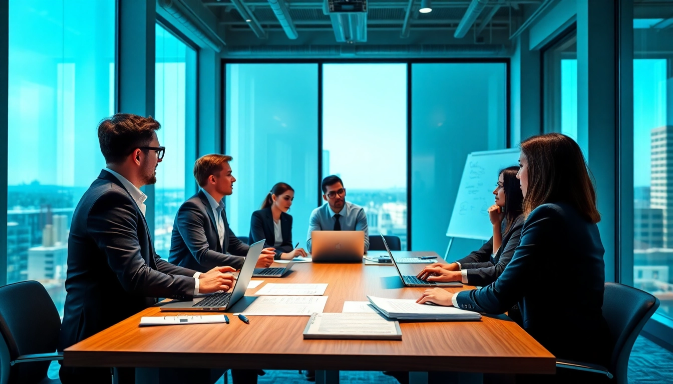 Engaged team discussing Federal and State contracts in a modern office environment.