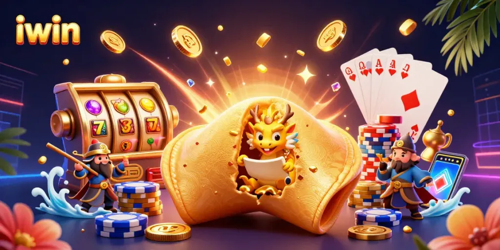 Engage with iwin's vibrant slot machine adventure featuring a golden fortune cookie scene.