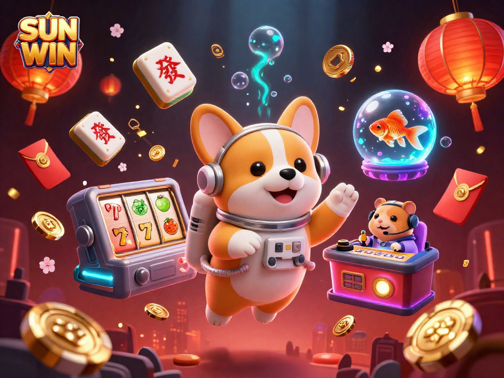Hình ảnh hoạt hình 3D mô tả các hoạt động thú vị tại SUN WIN với chó không gian và các yếu tố casino hấp dẫn khác.