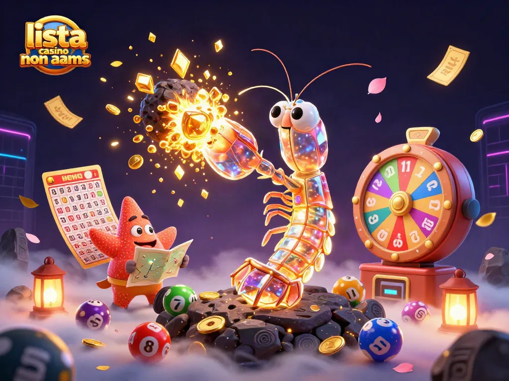 Scopri la lista casino non AAMS con un'illustrazione di divertenti elementi del gioco che volano in un mondo fantastico.