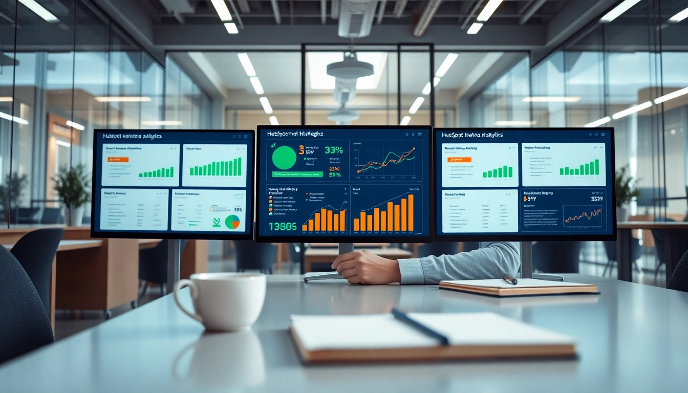 Analyze hubspot marketing email metrics in a bright and modern office setting.