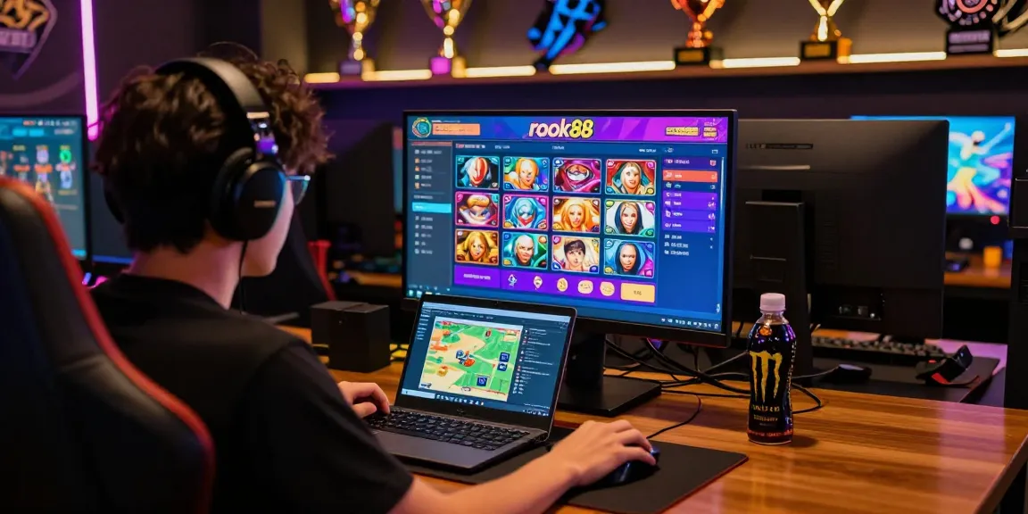 Engaging rokok88 online gaming scene with player focused on vibrant screen.