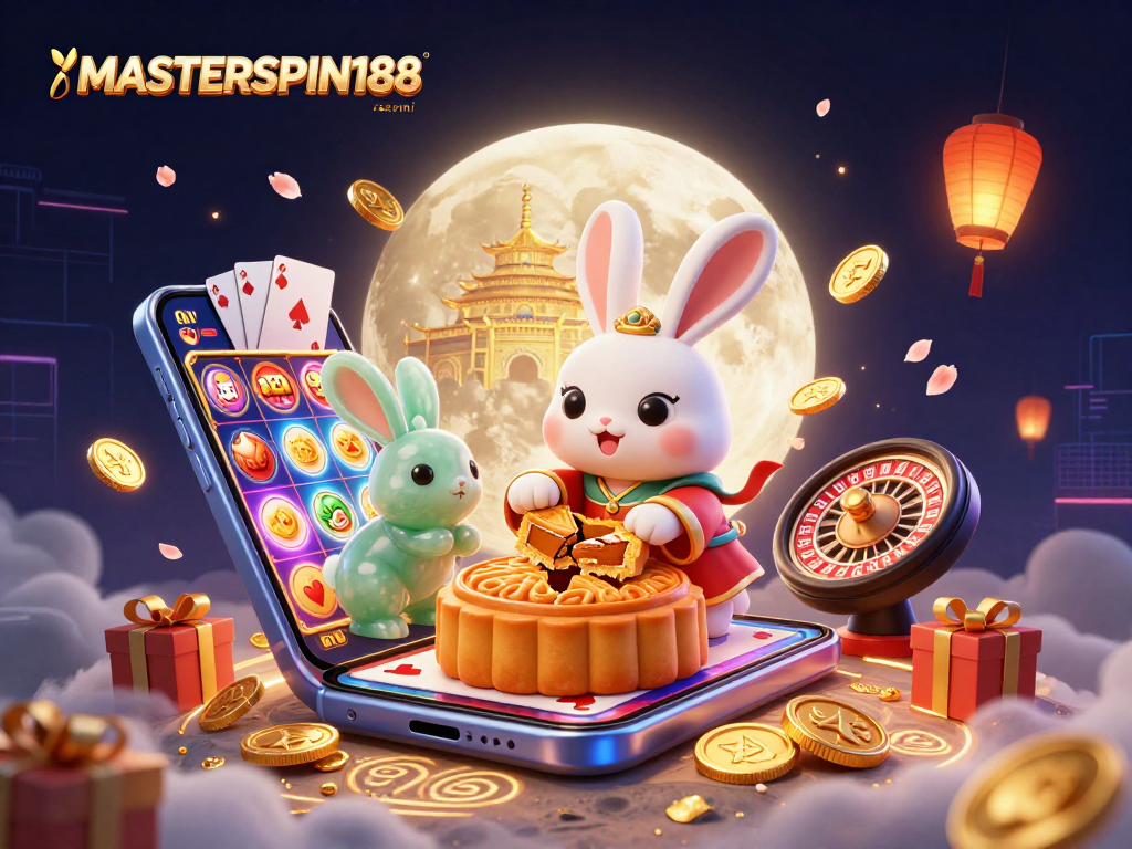 Experience the excitement of MASTERSPIN188 resmi with vibrant casino-themed illustration featuring a moon rabbit.
