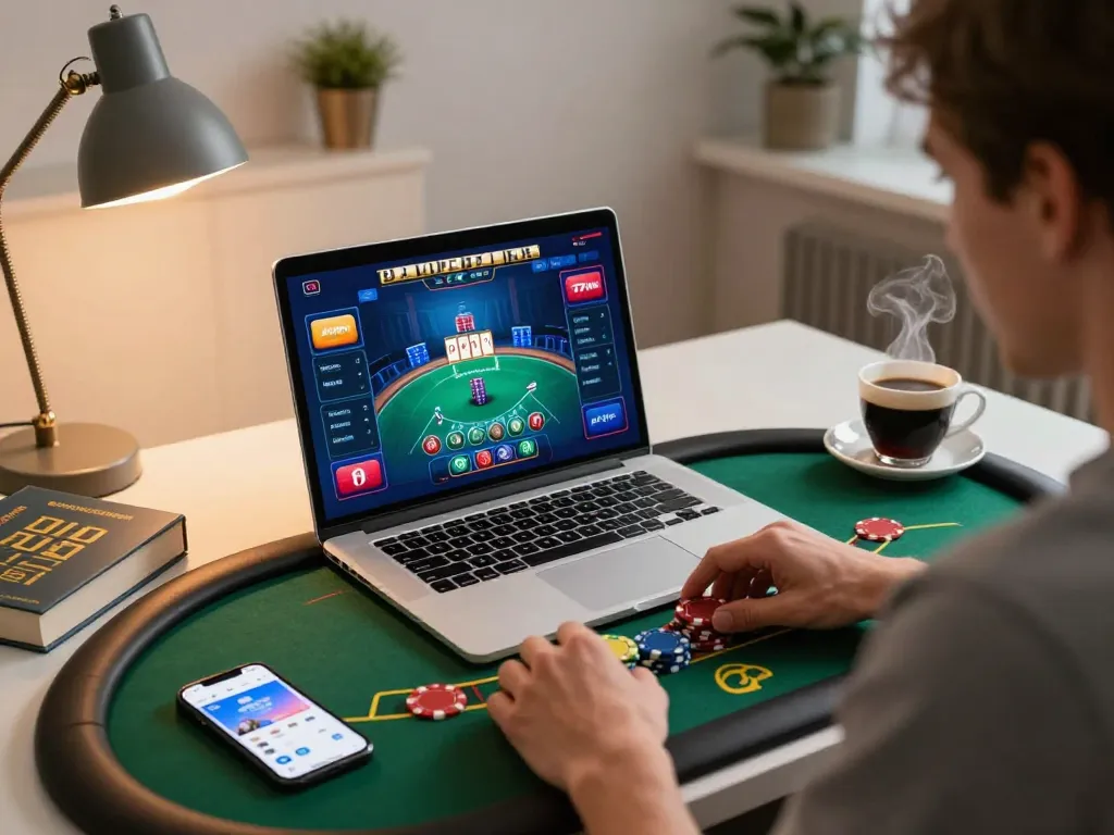 Player enjoying online poker at 77WIN with focused strategy in a cozy home office setting.
