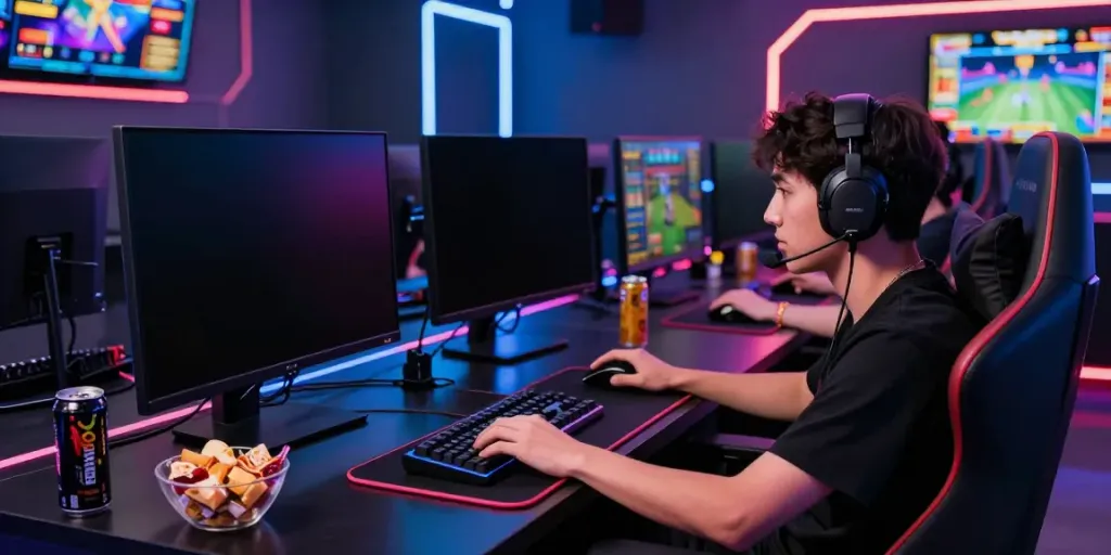 Engaged player on QQMacan slot games in a high-tech gaming lounge