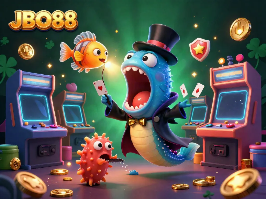 Experience the excitement of JBO88 with this vibrant illustration of magical sea creatures performing enchanting tricks amidst glowing arcade games.