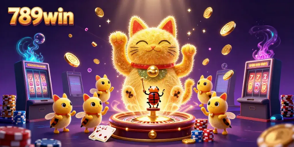 Engage with 789win's thrilling casino adventure featuring a lucky cat and dynamic gaming elements.
