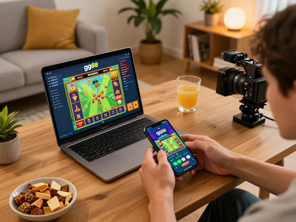Player enjoying gg88 mobile gaming in a cozy home setting with smartphone and strategy guide