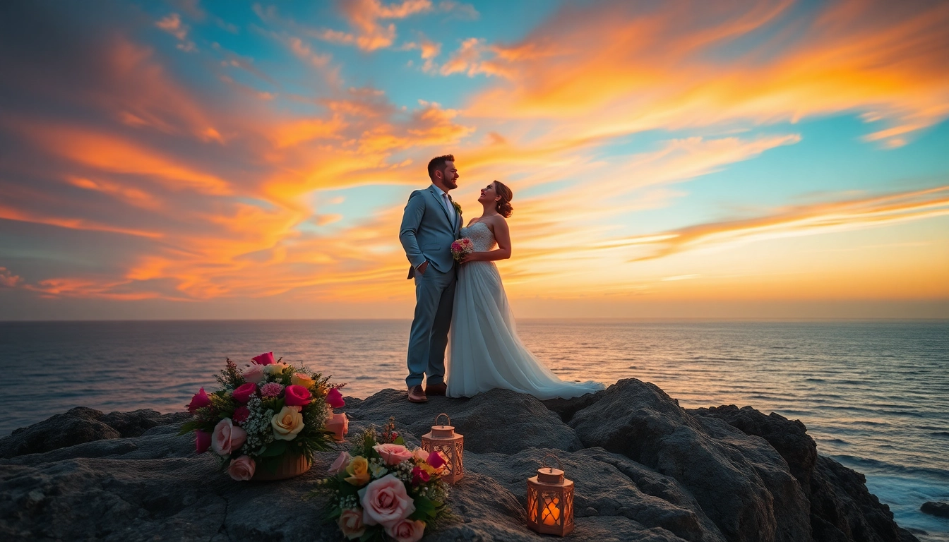 Destination photographer captures stunning sunset wedding moments on a cliff.