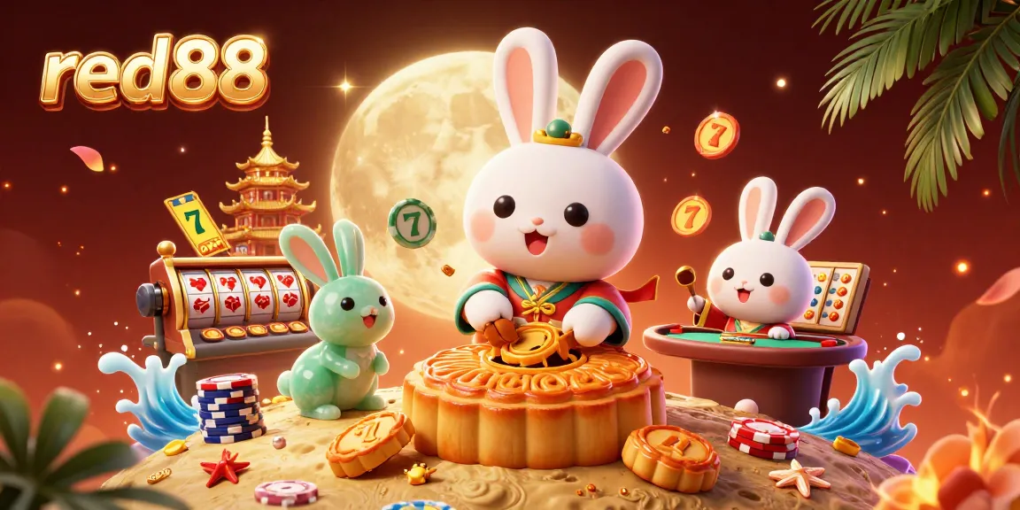 Win big with red88 in this vibrant 3D illustration showcasing a moon rabbit themed casino scene.