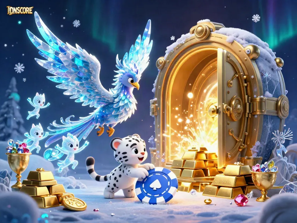 IDNSCORE showcases a colorful scene with an ice phoenix, snow leopard cub, and glowing ice sprites celebrating with treasure elements.
