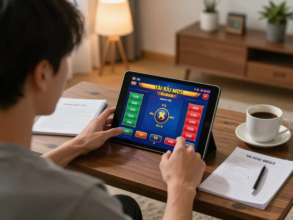 Player engaged with taixiumd5 online game, focusing on tablet with gaming interface and strategy notes
