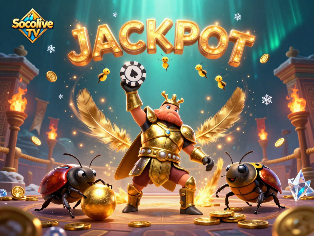 Socolive TV features a victorious beetle with poker chips amidst an exciting casino scene filled with gold elements.