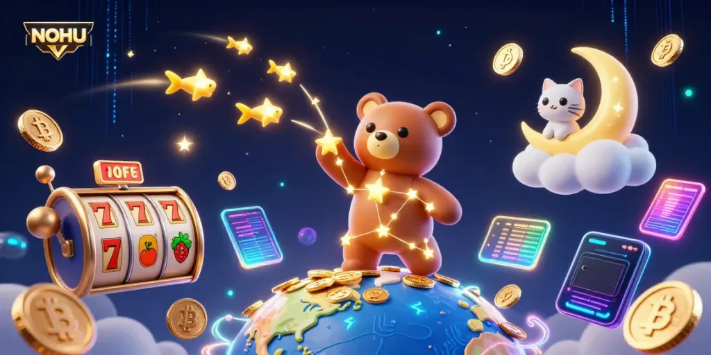 Capture the excitement of NOHU, where a 3D constellation bear scoops coins amidst slot machines and crypto elements.