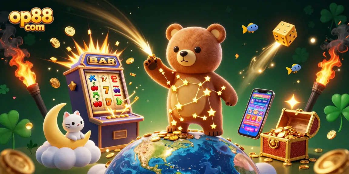 Experience the exciting world of gaming with op88 com, where constellation bears scoop coins under a jackpot explosion.