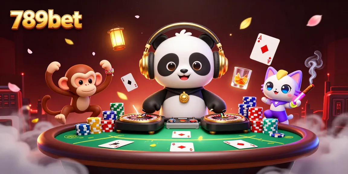 Experience an exciting casino scene with 789bet featuring a DJ panda and poker elements.