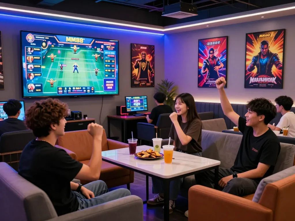 Friends celebrating at MM88 đăng nhập lounge, showcasing vibrant gaming atmosphere.