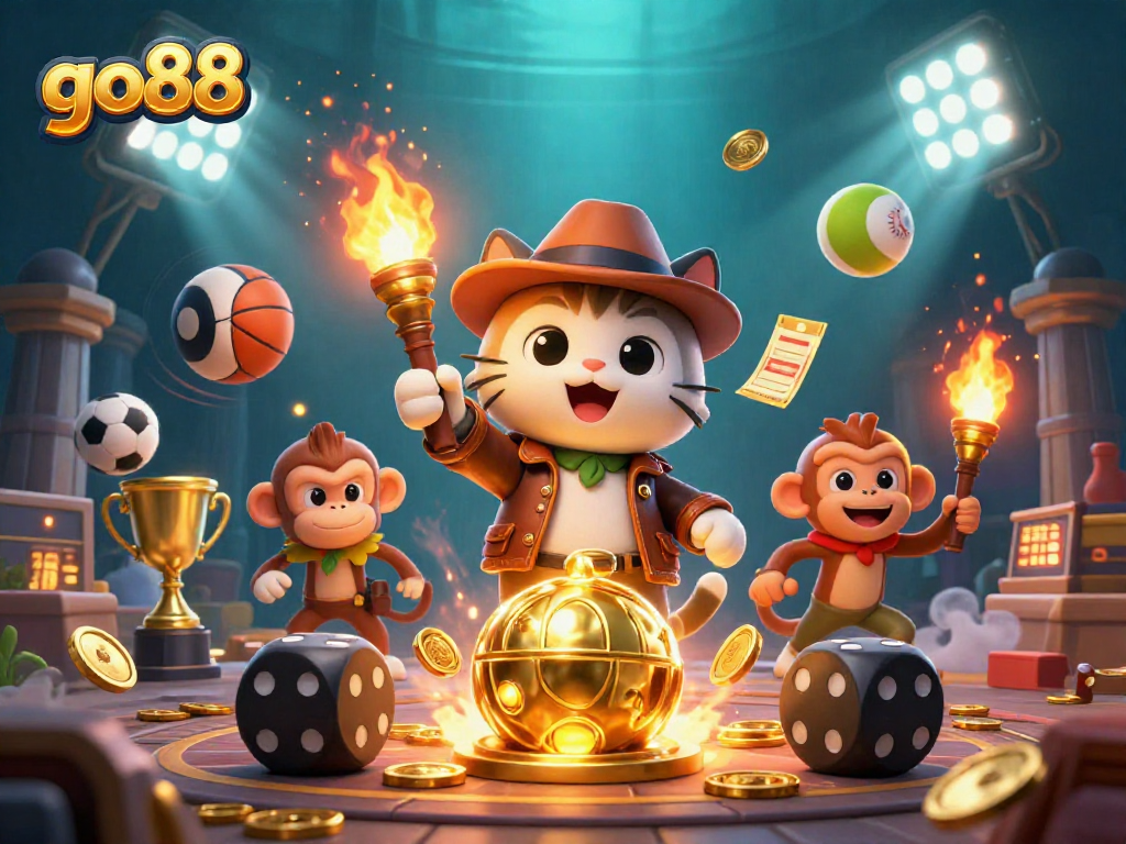 Engage with go88's adventure as a cat archaeologist discovers treasures in a casino-themed temple.