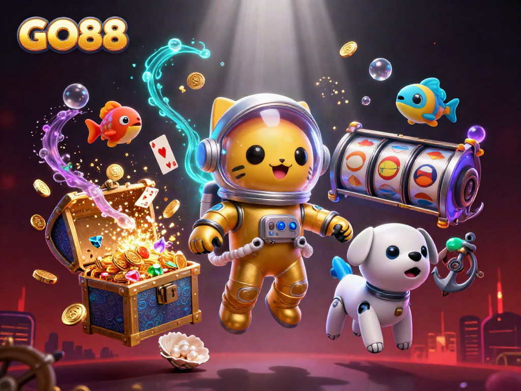 Experience thrilling gameplay with GO88 as the golden astronaut cat and robot dog explore a dynamic, underwater casino world.