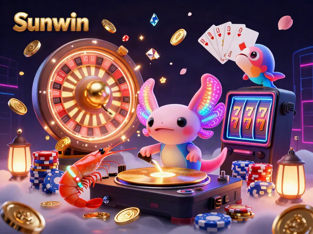 Engage with the vibrant Sunwin scene featuring a neon axolotl DJ and sparkling casino elements.
