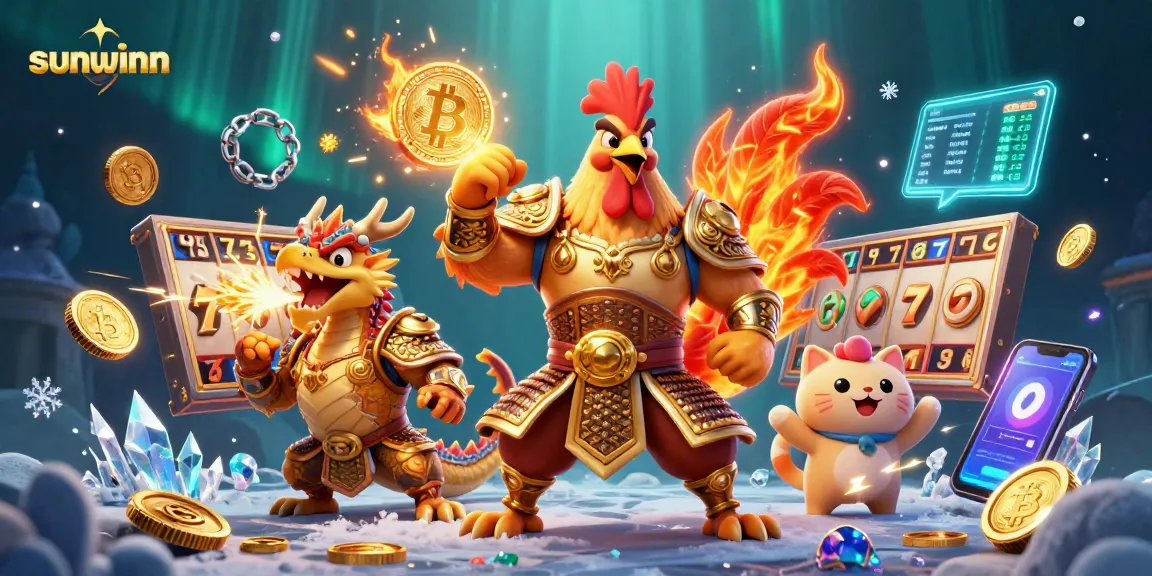 Engage in thrilling gameplay at sunwinn with enchanting casino elements, featuring a vibrant rooster warrior and dragon.