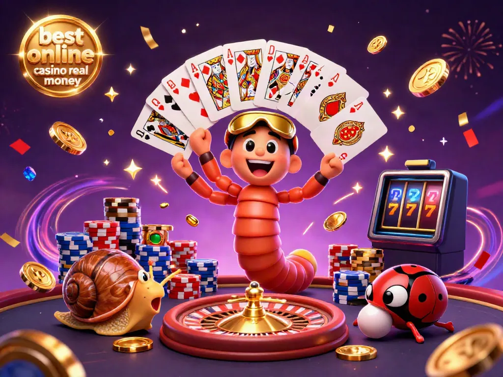 Win big at the best online casino real money with a lively 3D illustration of a millipede dealer and vibrant casino elements.