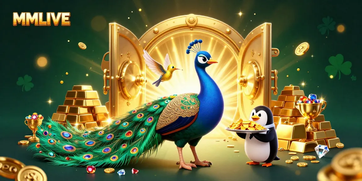 MMLIVE showcases vibrant live streaming scenes featuring a peacock, butler penguin, and hummingbird amidst symbols of wealth.