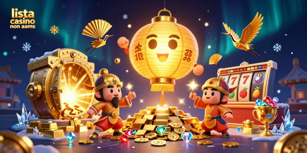 Scopri la lista casino non AAMS con illuminazioni dorate e simboli fortunati in un'illustrazione coinvolgente