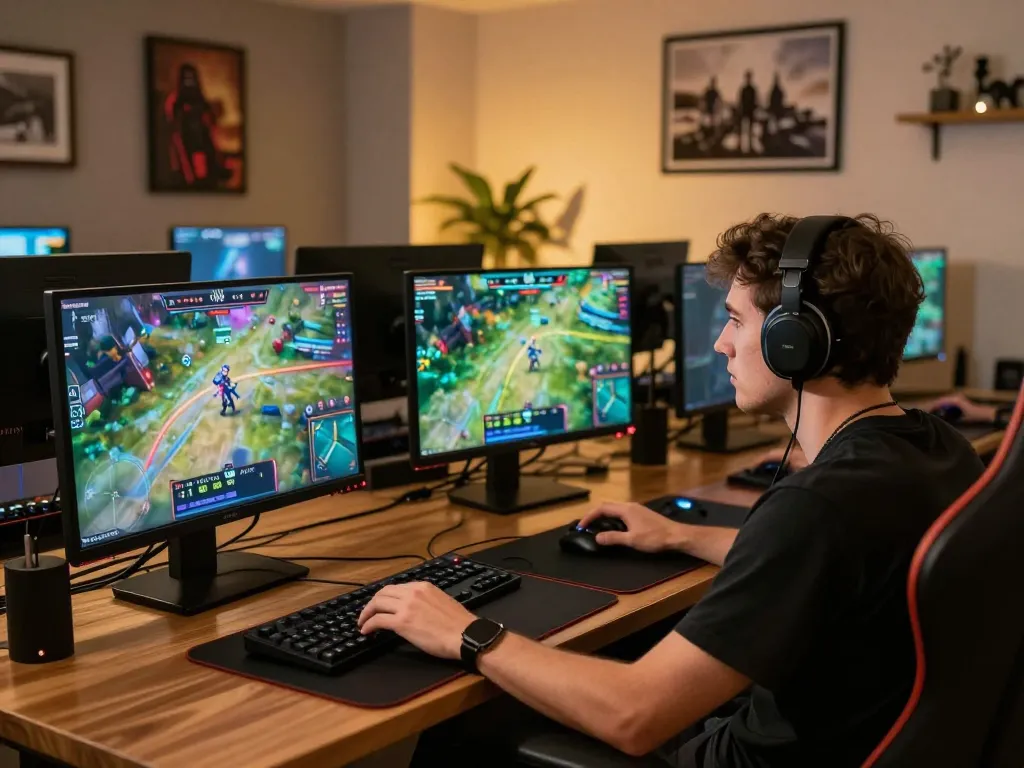 Engaged player strategizing bets on mk8th with multiple screens displaying eSports events