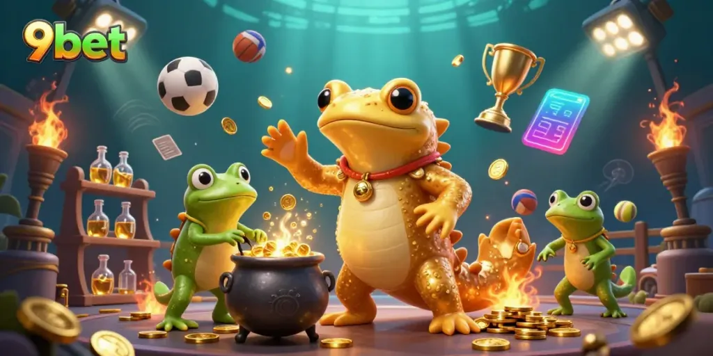 Experience the excitement of 9bet with a lively 3D casino scene featuring dynamic sports betting elements.