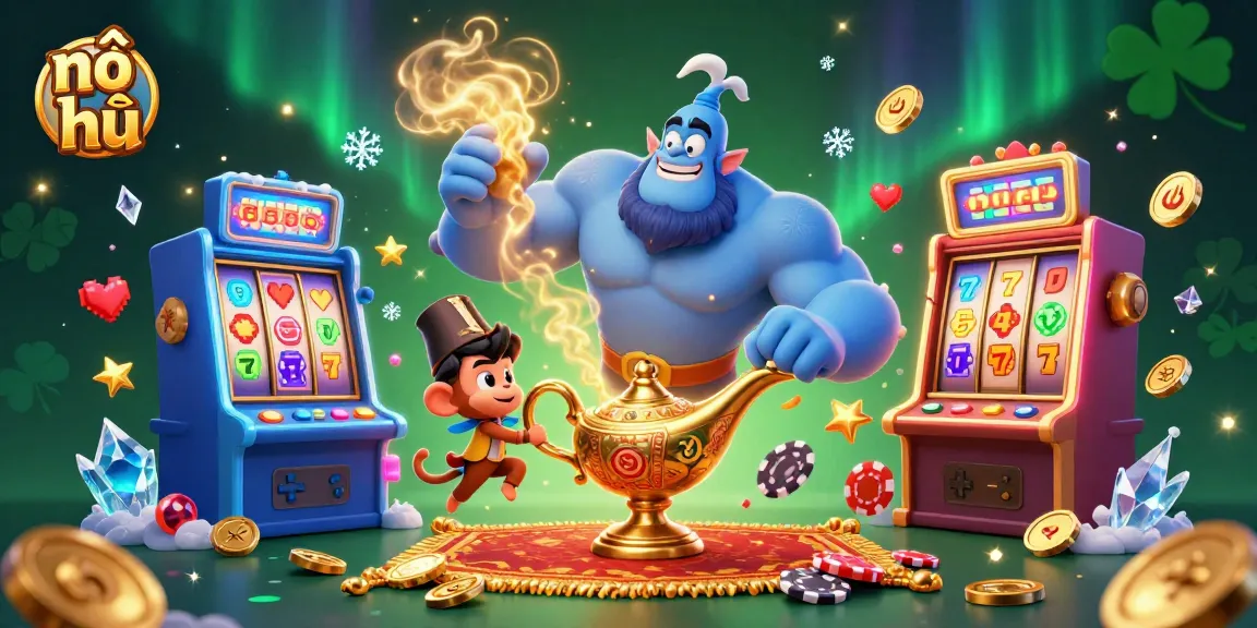 Nổ hũ slots come to life with a genie, playful monkey, and vibrant slot machines.