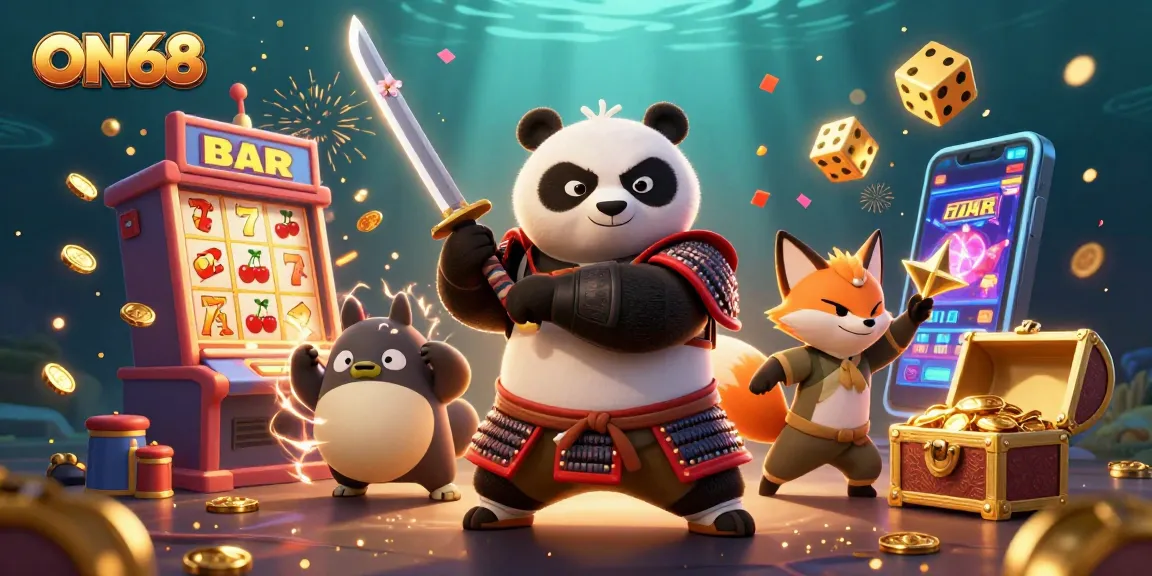 Join the excitement at ON68 with samurai panda and golden shuriken in a vibrant casino scene.