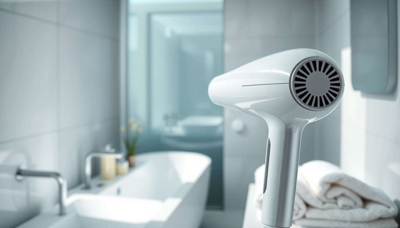 Styling with an ionic blow dryer showcasing sleek design and shiny finish in a modern setting.