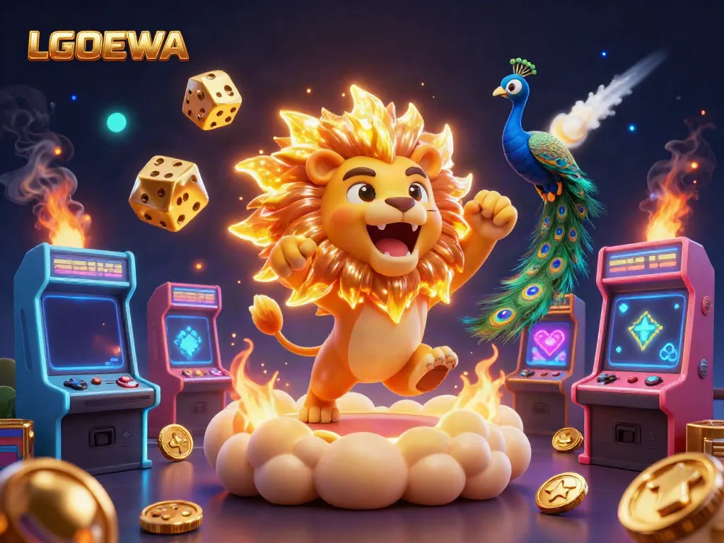 Engage your luck at LGODEWA with a captivating gaming scene, featuring vibrant characters and arcade elements.