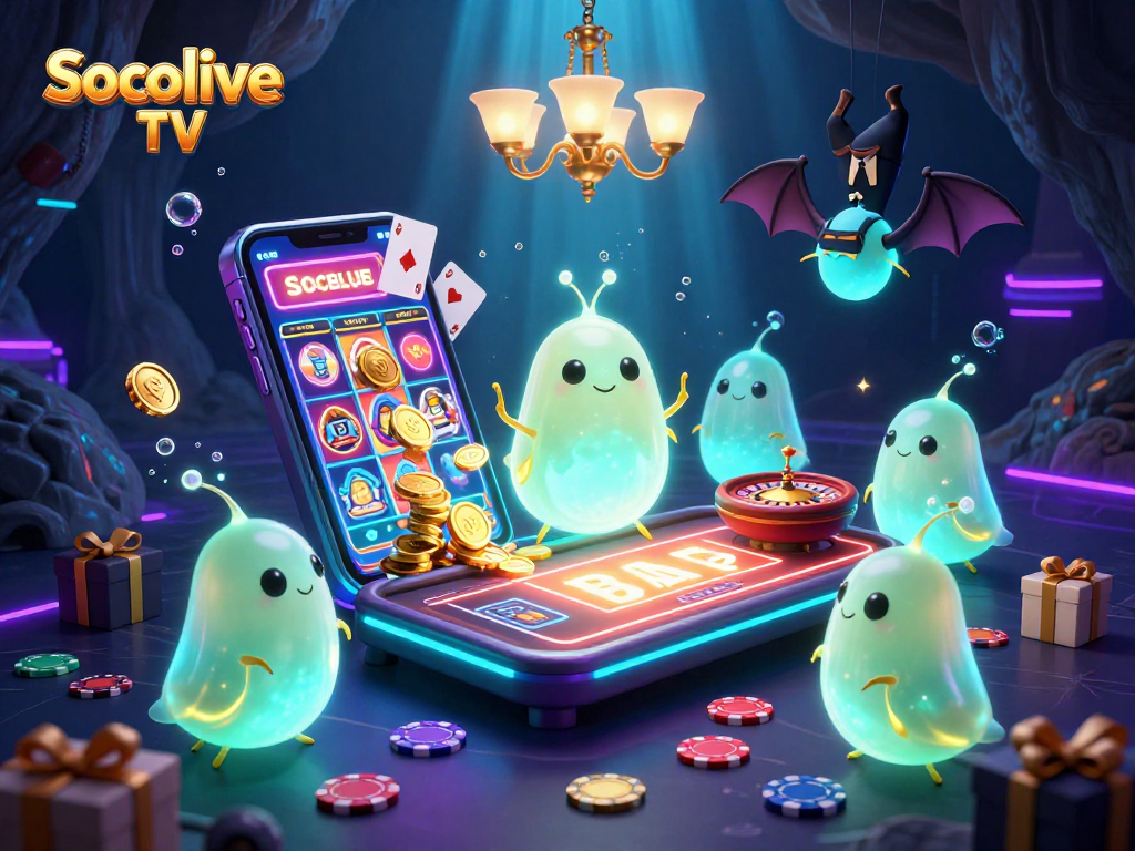 Experience vibrant gaming action with Socolive TV as glowworms illuminate a cave casino.
