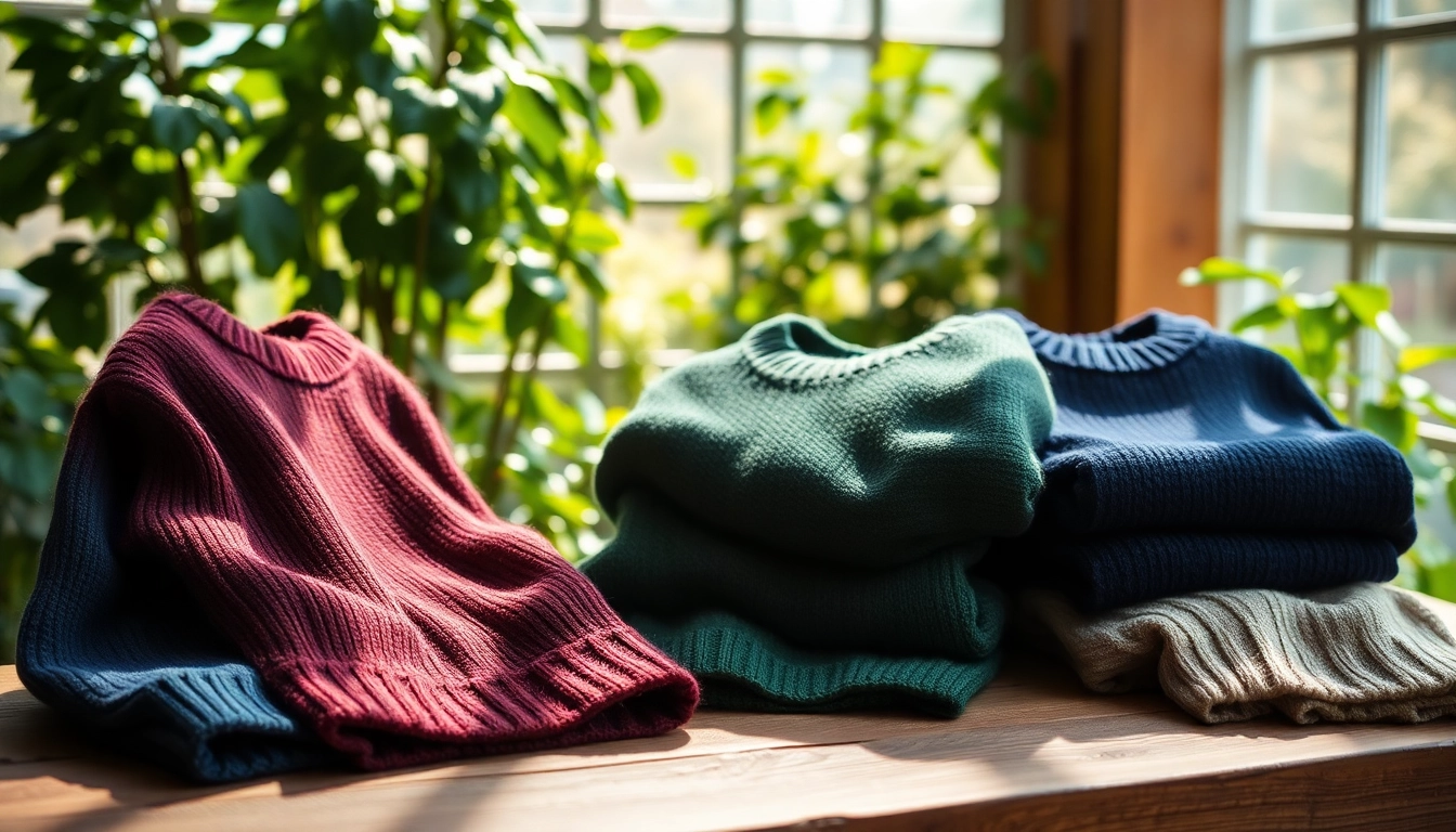 Showcase of colorful sweaters featuring different textures and styles in a cozy setting.