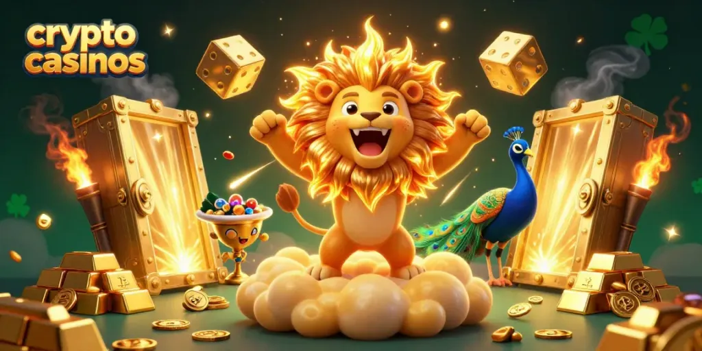 Engage in thrilling gambles at crypto casinos with vibrant 3D lion and cosmic elements.