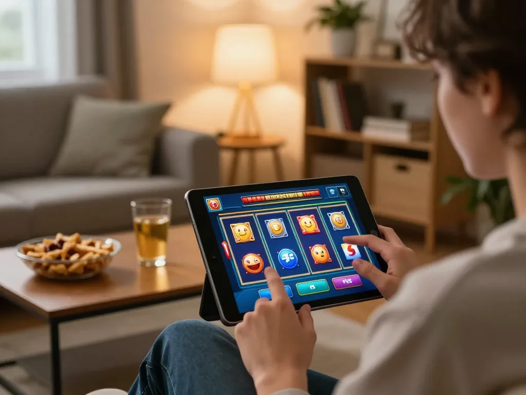 Fly88 user winning big while playing online slots on a tablet in a cozy living room.