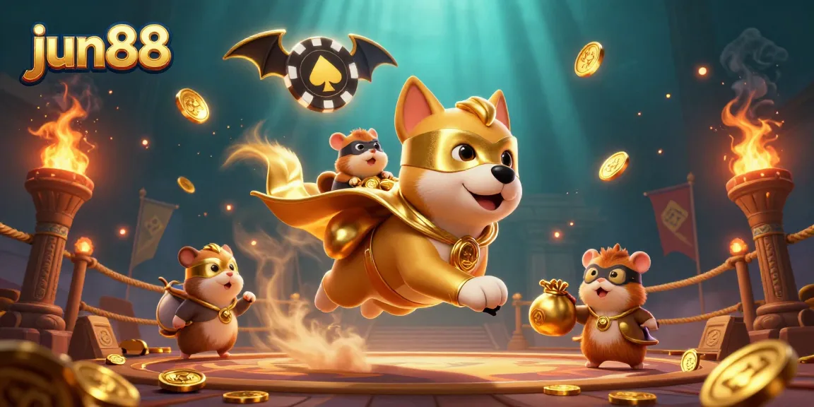 Experience the thrill of jun88's casino excitement as the superhero dog flies with gold coins!