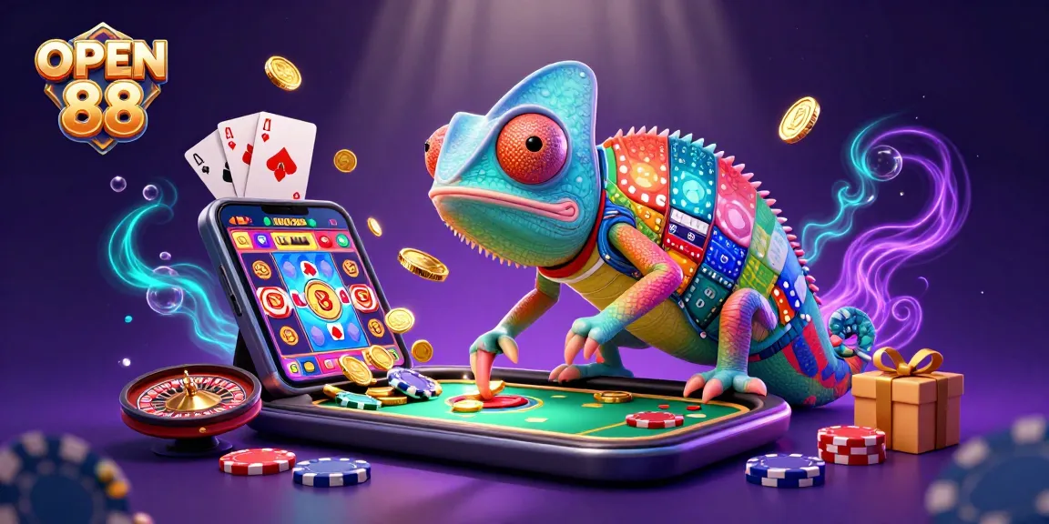 Experience dynamic gaming at OPEN 88: colorful slot reels, a chameleon casino owner, and exciting casino elements.