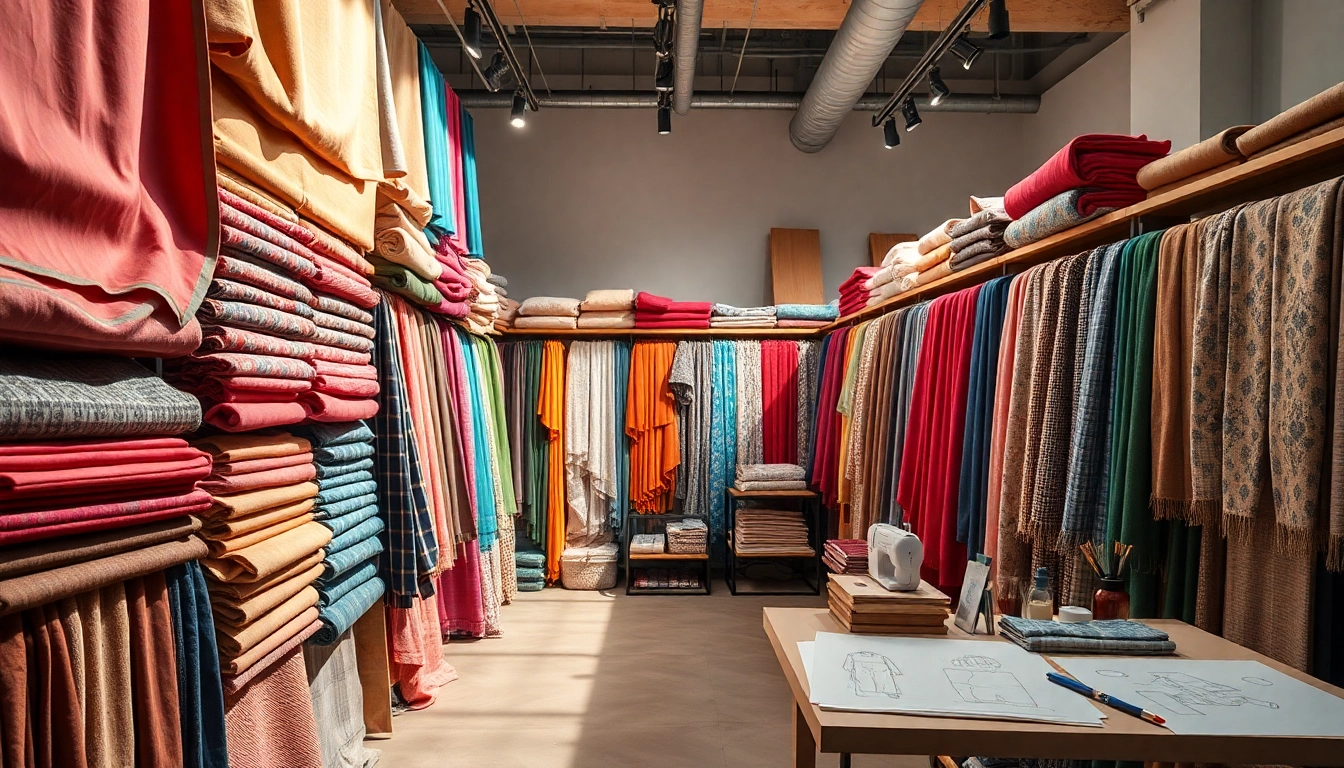 Stoffen webshop Nederland toont diverse kleuren en texturen in een stijlvolle showroom.