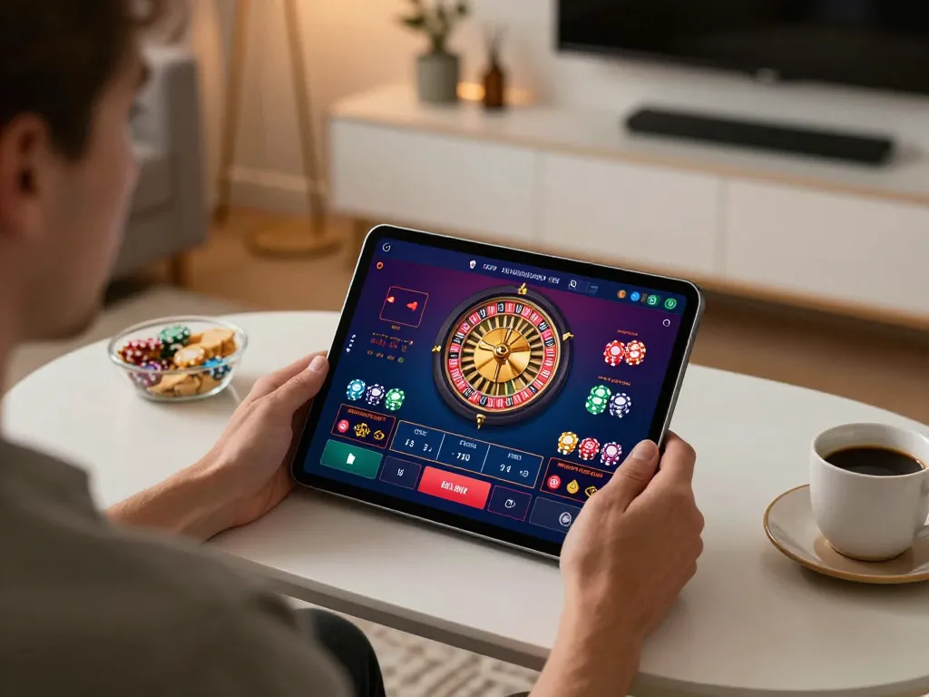 Engaging moment of 壹發娛樂 with a player focusing on roulette in an online casino app at home, showcasing responsible gaming.