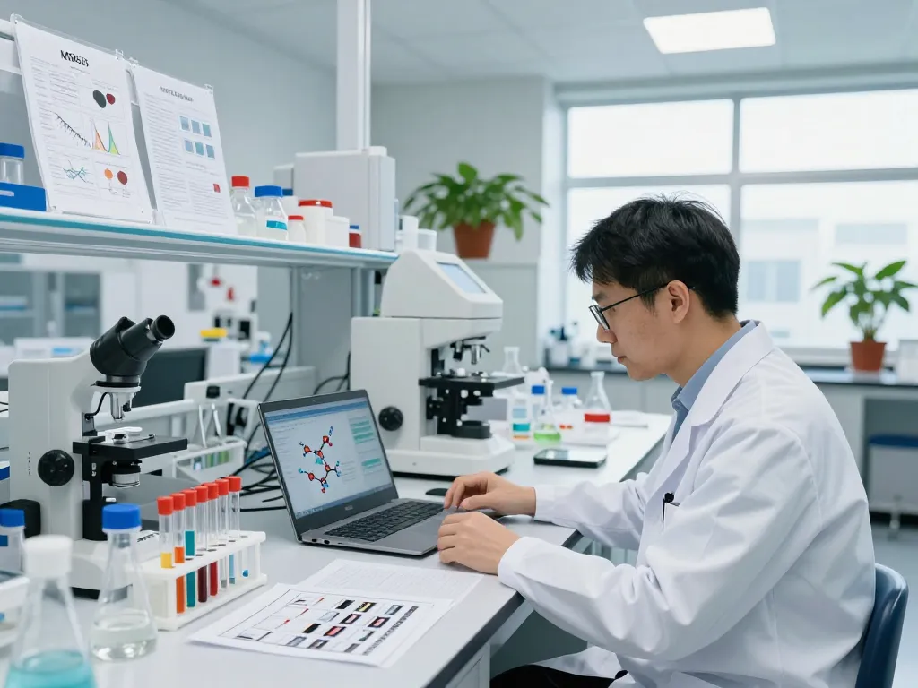 Scientist researching MB66 film technology in a modern lab setting.