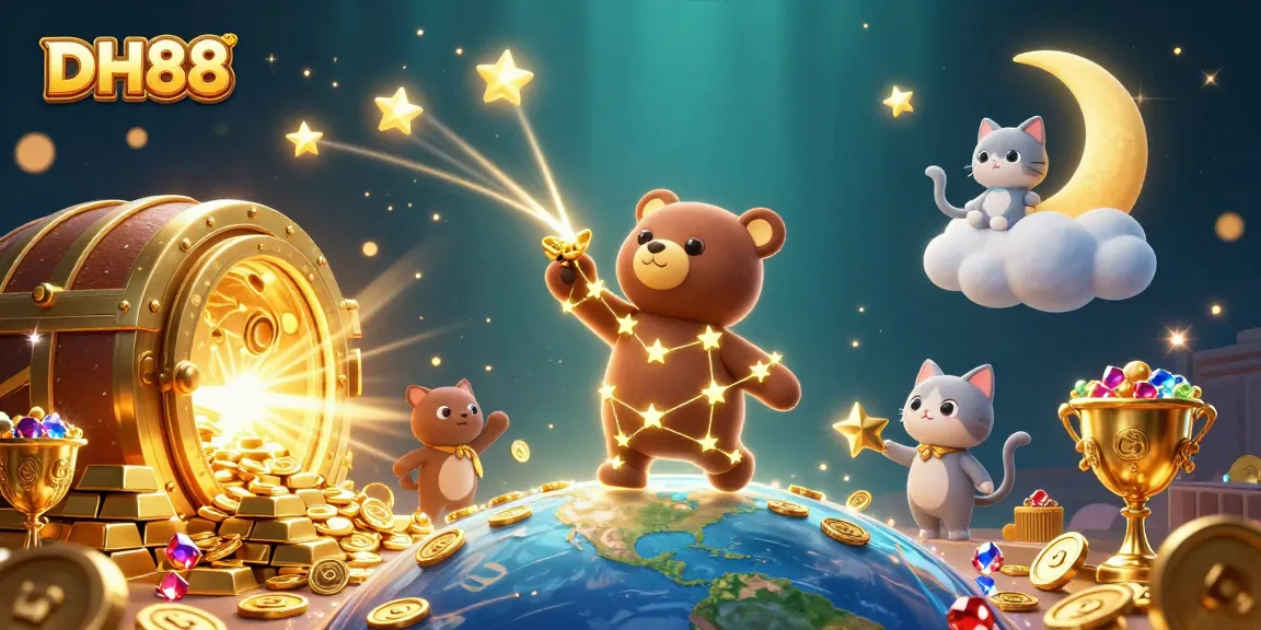 DH88 players engage thrillingly with golden treasures and vibrant game elements in a 3D illustration.