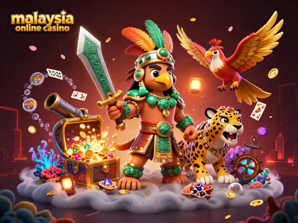 Play exciting games at a malaysia online casino with an Aztec warrior and treasures all around.