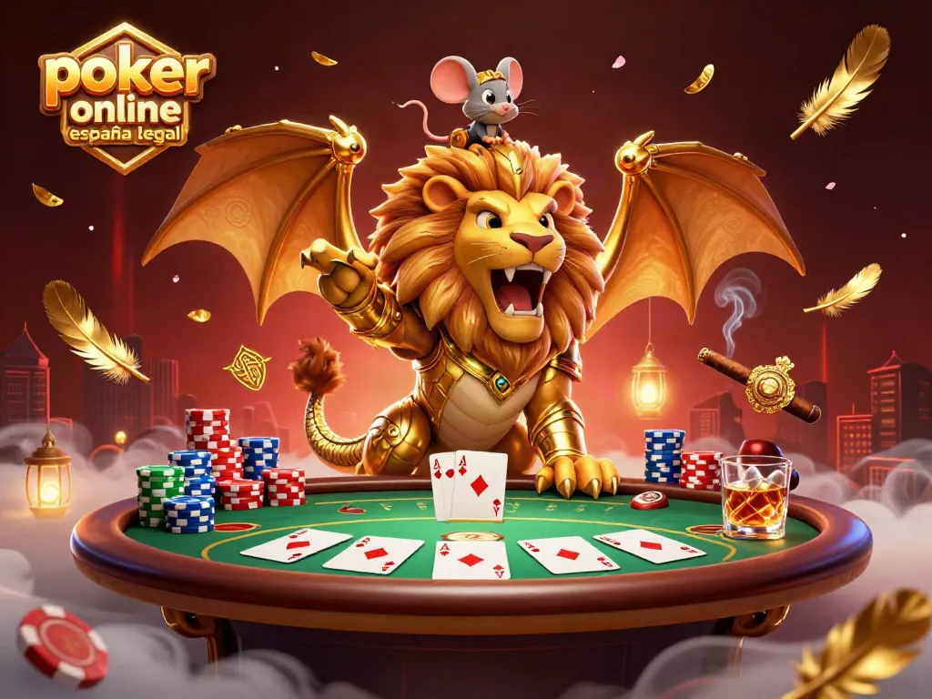 Jugando póker online España legal con un chimera y un valiente ratón jockey en un ambiente de casino.