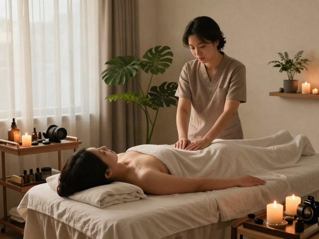 Experience a calming 강동구출장마사지 session in a serene home setting with soft lighting and professional care